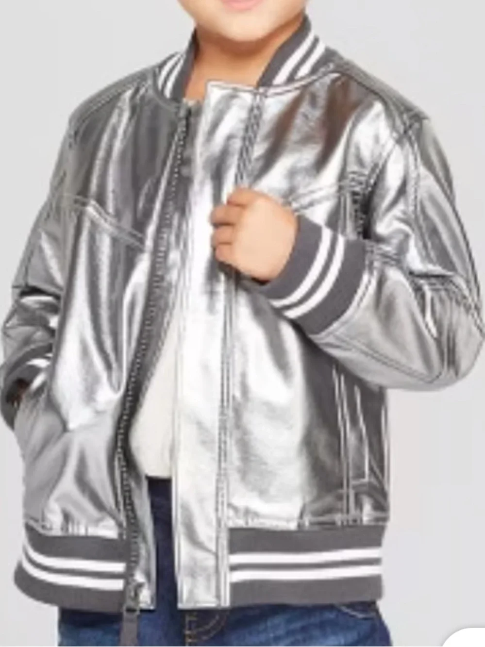 OshKosh B'gosh Metallic Silver Bomber Jacket with Striped Ribbing